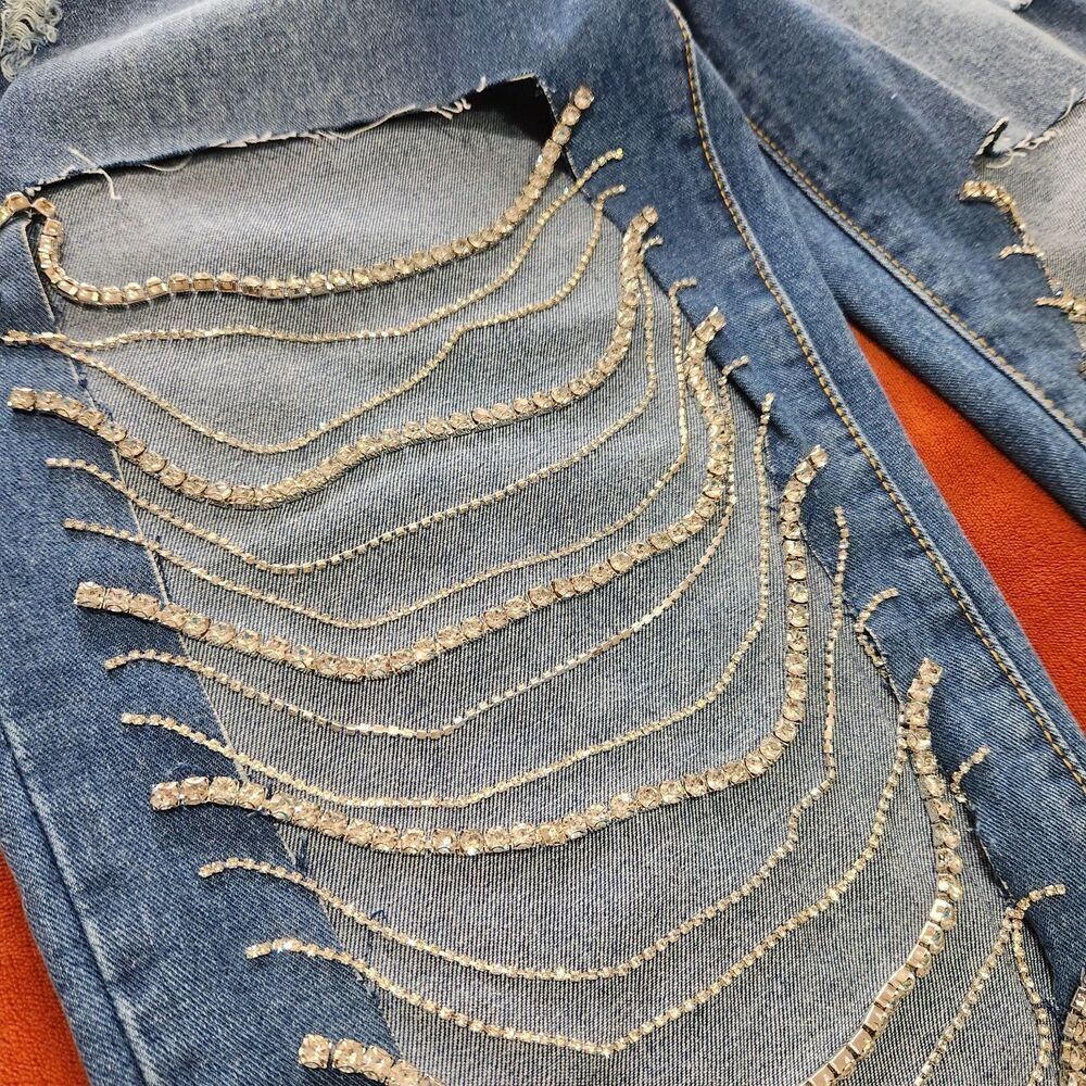 Kiwi Denim Jeans Size Large Blue Color Drop Rhinestones. - Picture 11 of 16